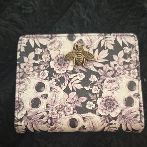 Floral Skull Compact Wallet with Bee Accent - Black & Cream